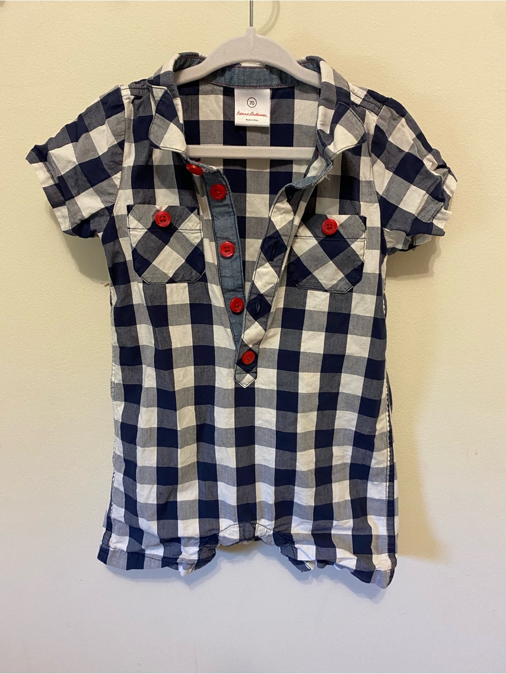 hanna andersson navy and white checkered baby outfit 6-12 months red buttons